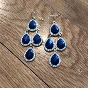 Beautiful Dark Blue, Crystal & Gold Drop Earrings